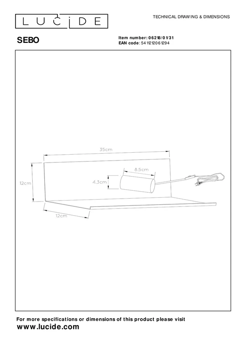 Lucide SEBO - Bedlamp / Wandlamp - 1xE27 - Wit - technisch